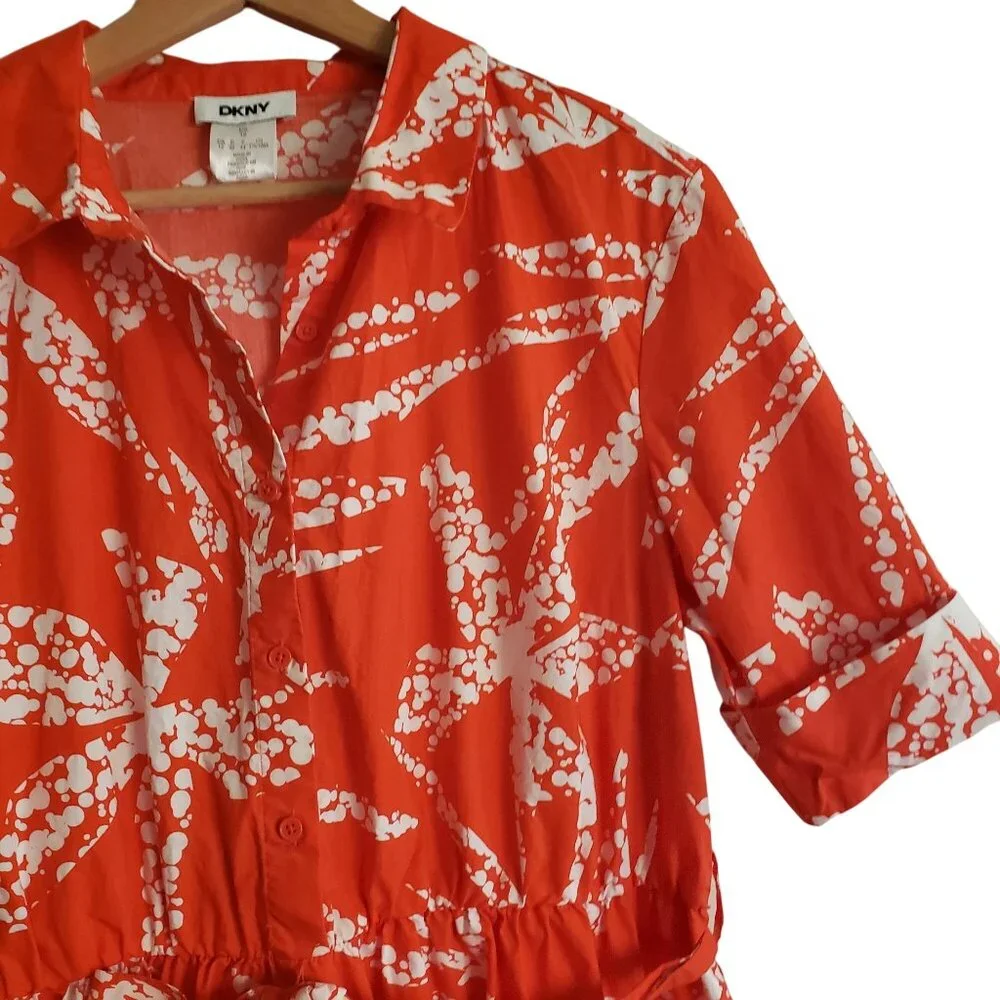 DKNY Red-Orange Print Shirt Dress 12 White Leaf Print Cotton Midi - Picture 6 of 12
